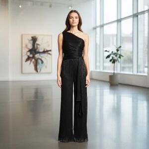 Halston Romee Shimmer Jersey Jumpsuit Black One Shoulder Wide Leg 2 NEW $595